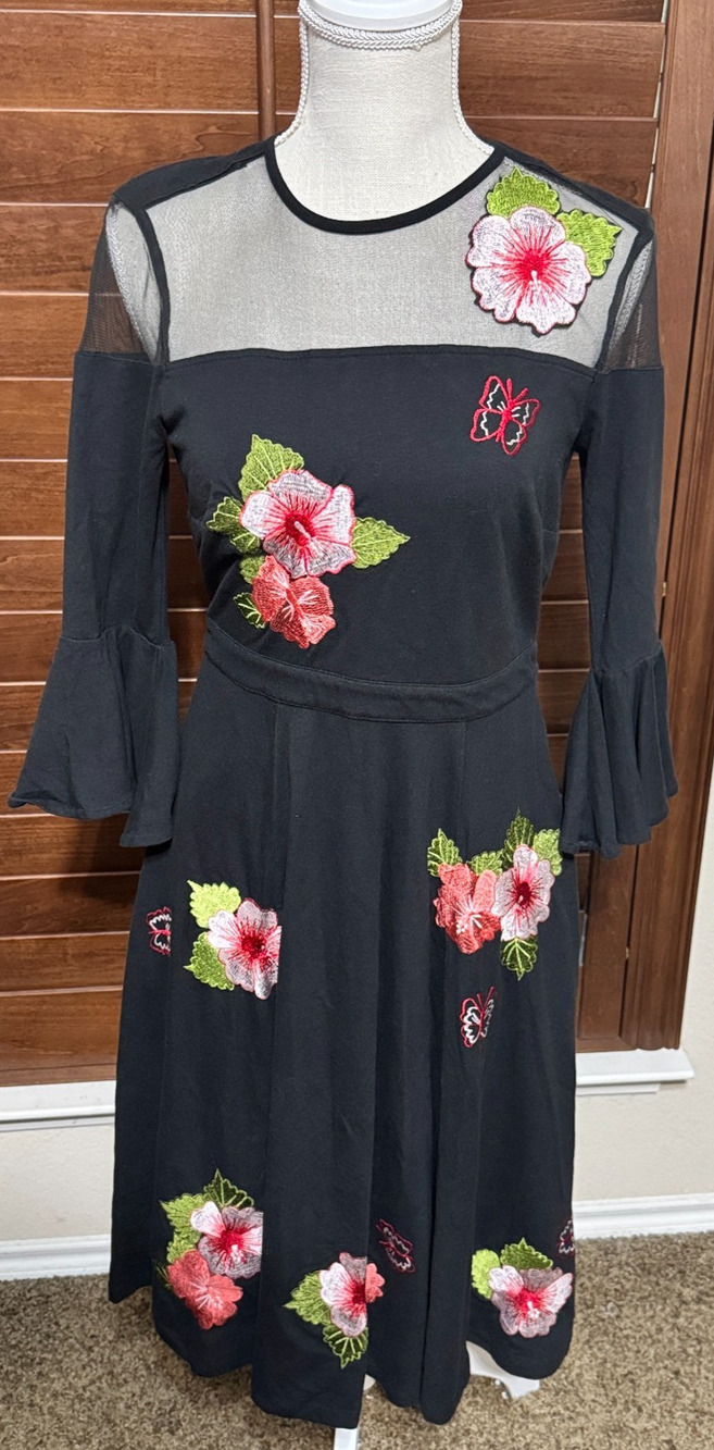 eShakti Black Embroidered Dress Size 0 XS long sleeve mesh floral midi